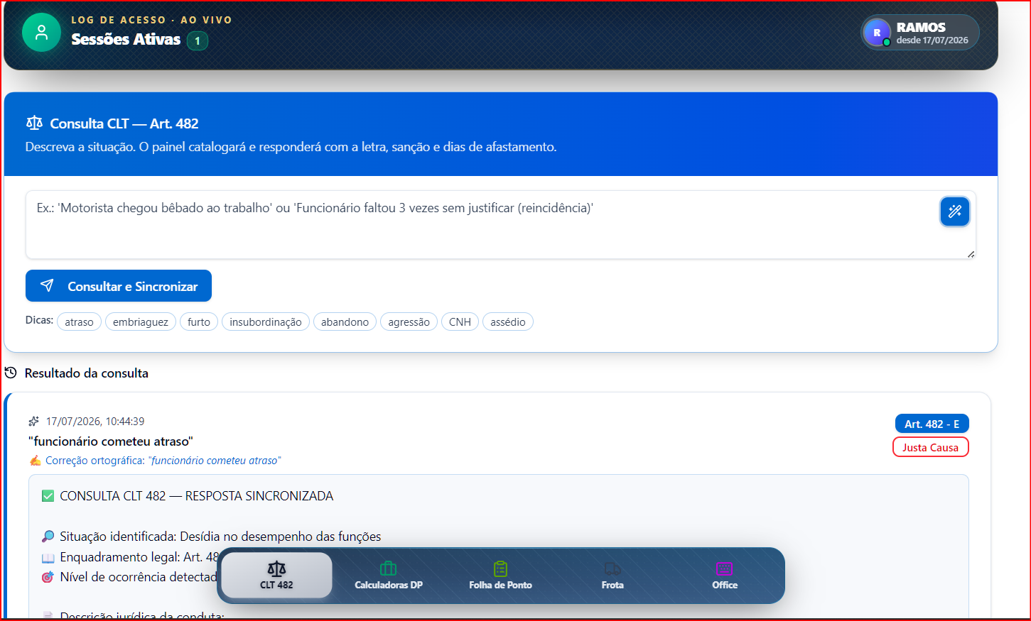 Tela do sistema administrativo DP Mobile com consulta CLT